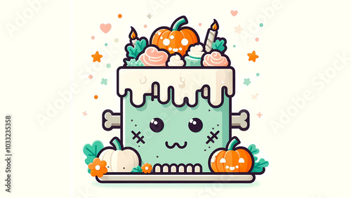 Kawaii Frankenstein Cake with Halloween Decor, halloween cake vector graphics illustration