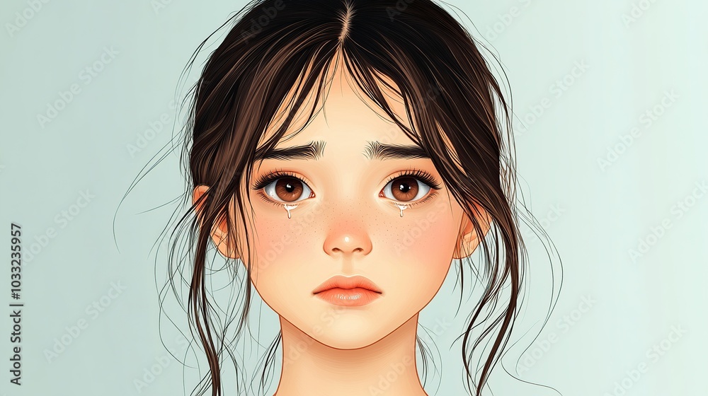 Portrait of a 13-year-old girl in a sad expression, with a downturned mouth and tearful eyes, against a clean, muted background. Emphasizes emotional depth. High resolution Illustration, in the style Portrait of a 13-year-old girl in a sad expression, with a downturned mouth and tearful eyes, against a clean, muted background. Emphasizes emotional depth. High resolution Illustration, in the style