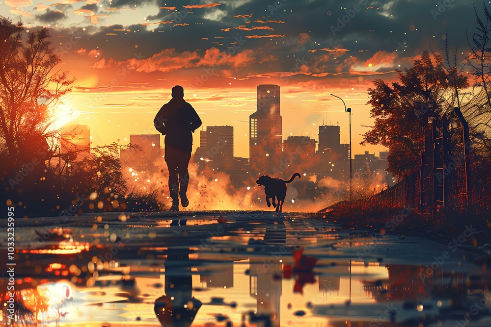 Fototapeta premium A man standing on top of a puddle of water next to a dog