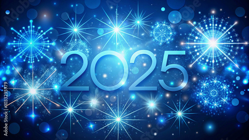 Welcome to new year blue background wallpaper background celestial scene with a radiant glow illuminating the year "2025," representing the hope and promise of a fresh start.