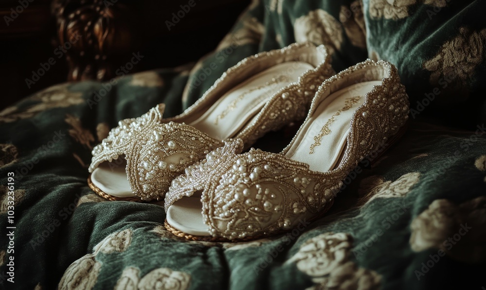 Naklejka premium Beaded sandals on a patterned fabric.