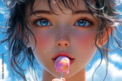 Candy and Charm: An Adorable Anime Girl with a Lollipop in a Colorful Scene