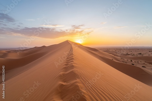 A panoramic view of a desert landscape with a large sand dune in the foreground and the sun setting in the distance.