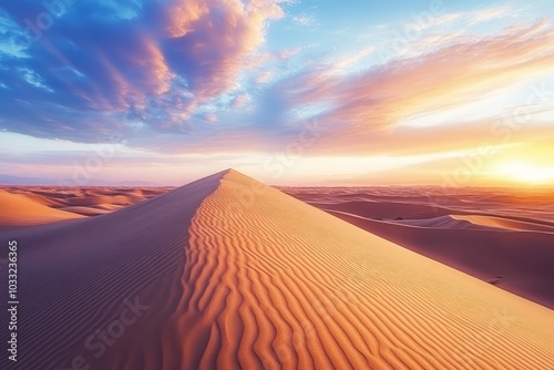 A scenic view of a sand dune with the setting sun in the background.