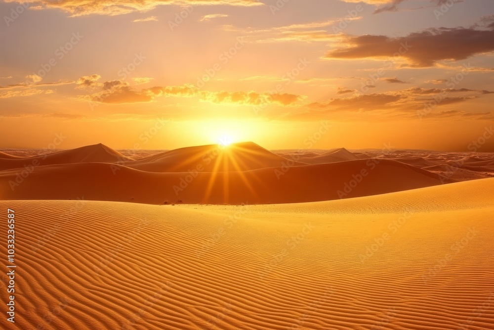A vibrant sunset casts warm light over a vast, undulating desert landscape, with sand dunes stretching as far as the eye can see.