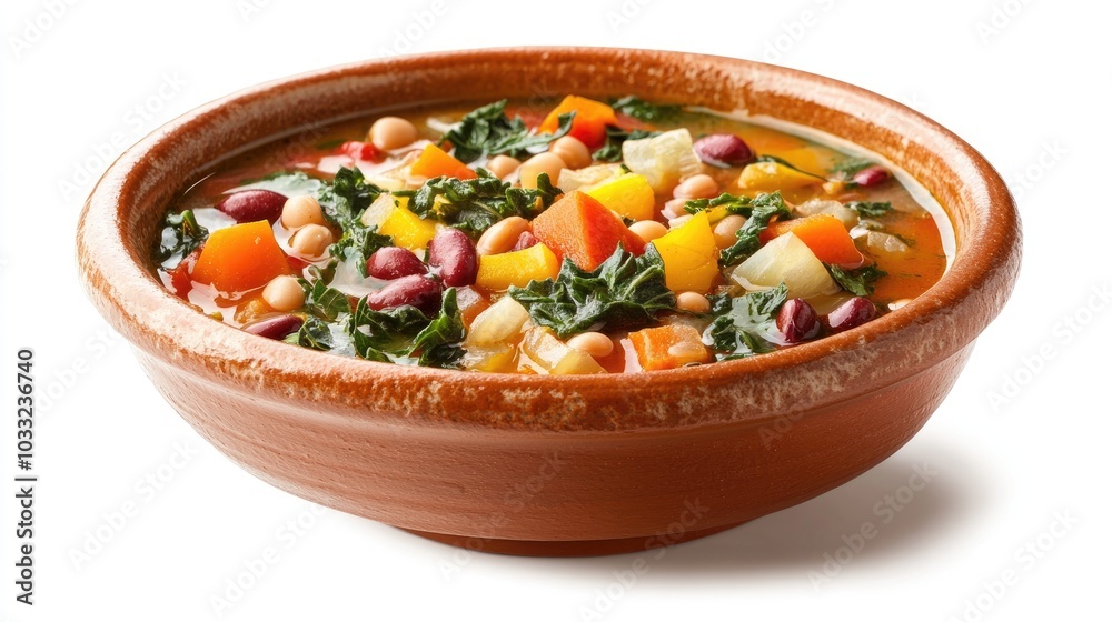 Rustic Terracotta Bowl Filled with Colorful Vegetable Soup Rustic Terracotta Bowl Filled with Colorful Vegetable Soup