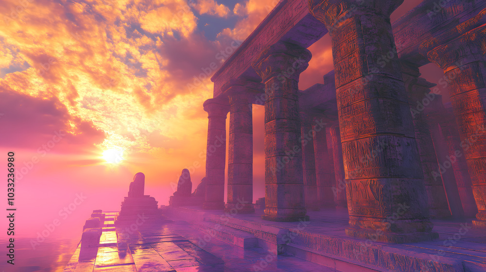 Fototapeta premium Ancient temple meets quantum computing, tradition future fusion, dawn light