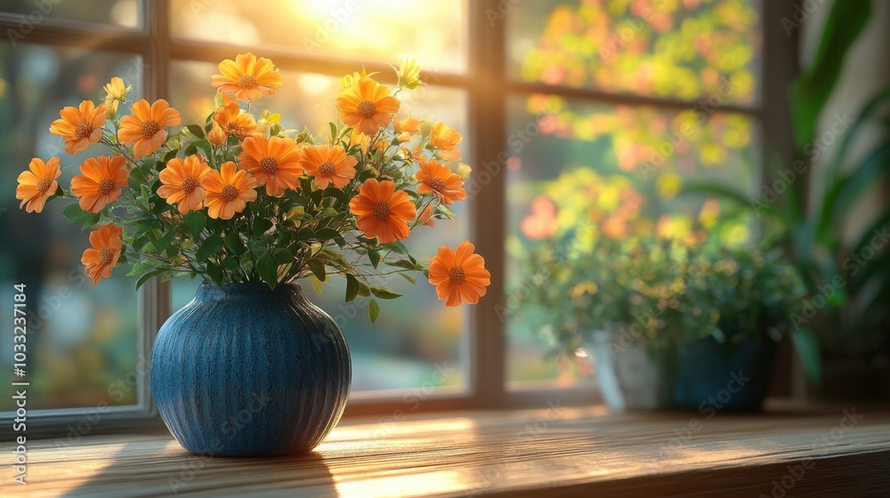 Photo of a blue vase with orange flowers placed on a wooden table by the window, with warm sunlight shining through. It is a relaxing corner, giving a feeling of relaxation. Photo of a blue vase with orange flowers placed on a wooden table by the window, with warm sunlight shining through. It is a relaxing corner, giving a feeling of relaxation.