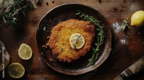 Rustic Plated Cotoletta with Herbal Garnish and Lemon