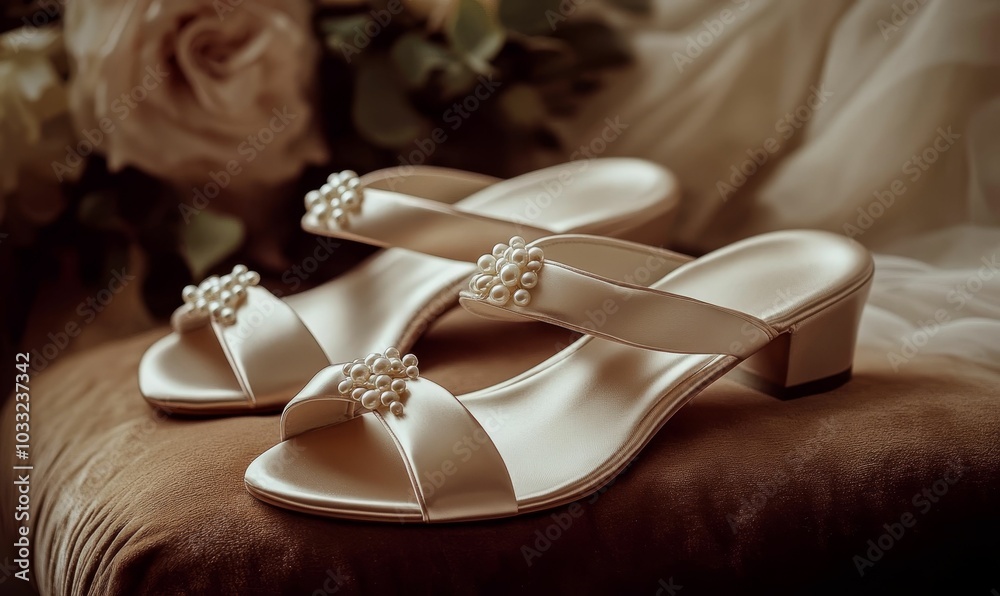 Two pearl-embellished white sandals on a brown surface. Two pearl-embellished white sandals on a brown surface.