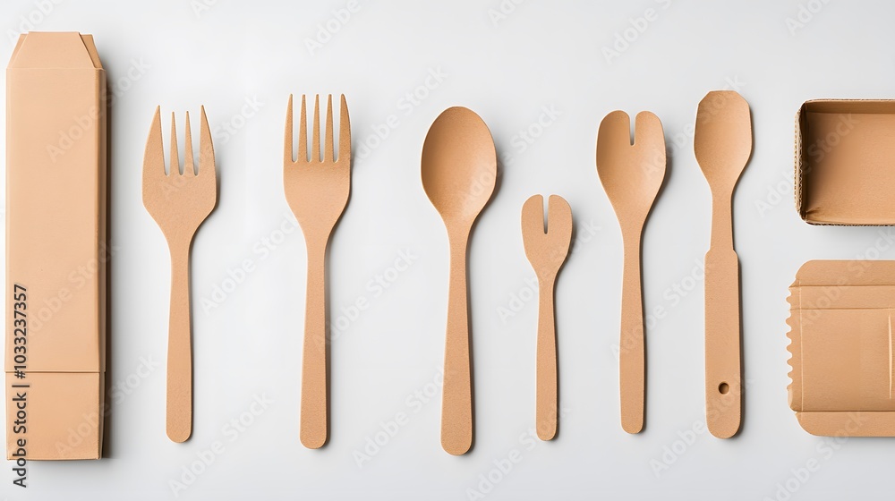 disposable eco tableware made of cardboard spoon fork knife Sustainable planet, on a white background to insert the layout. disposable eco tableware made of cardboard spoon fork knife Sustainable planet, on a white background to insert the layout.