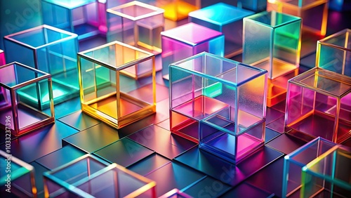 Abstract background with translucent geometric shapes in shades of colors with forced perspective