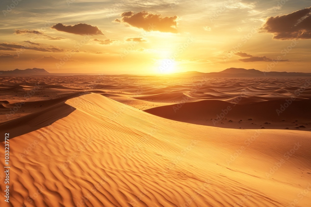 A panoramic view of a desert landscape at sunset, with sand dunes stretching out towards the horizon, the sun setting behind the distant mountains.
