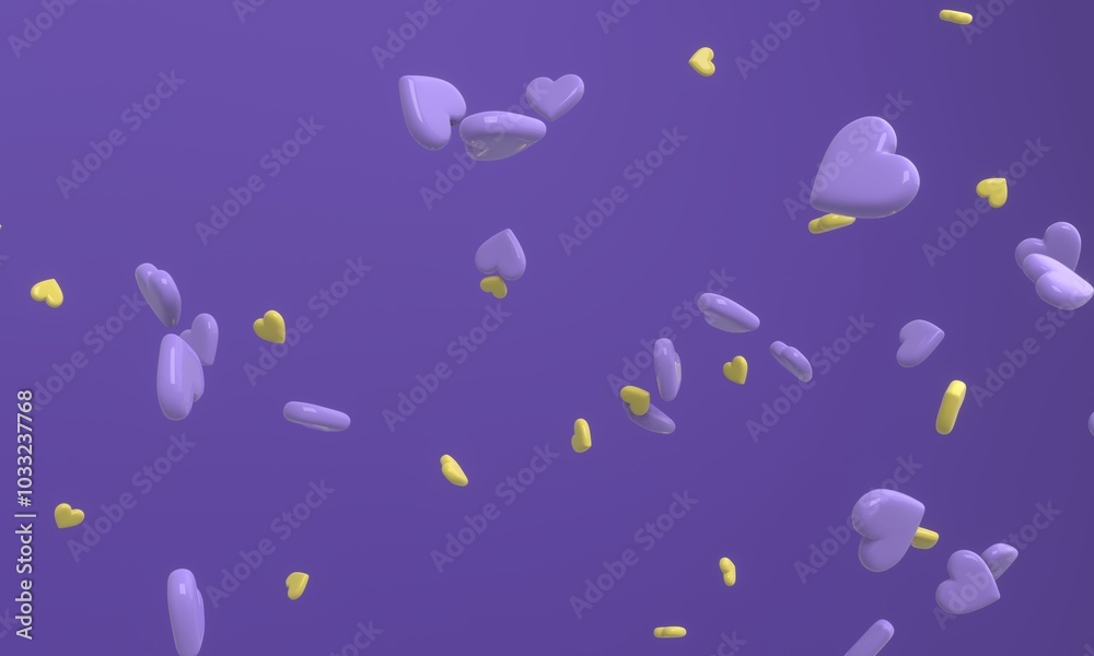 Glossy hearts flying in the air on the purple background. Modern cover design. 3d illustration. Glossy hearts flying in the air on the purple background. Modern cover design. 3d illustration.