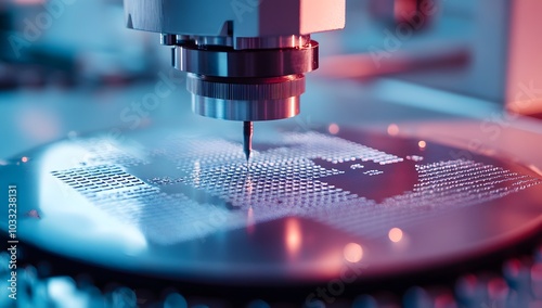 Close-up of an advanced rendering machine casting and laser etching on the wafer for integrated circuit chips photo