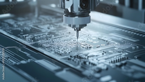 Close-up of an advanced rendering machine casting and laser etching on the wafer for integrated circuit chips photo