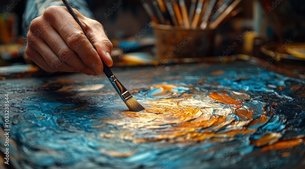 Art in Motion: A Hand Painting a Beautiful Landscape with a Brush, Capturing Artistic Creativity Art in Motion: A Hand Painting a Beautiful Landscape with a Brush, Capturing Artistic Creativity