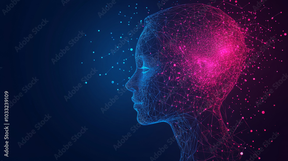 A futuristic image with a person's head and a digital face scanner, showing how technology is changing the way we interact.low poly digital wireframe. A futuristic image with a person's head and a digital face scanner, showing how technology is changing the way we interact.low poly digital wireframe.
