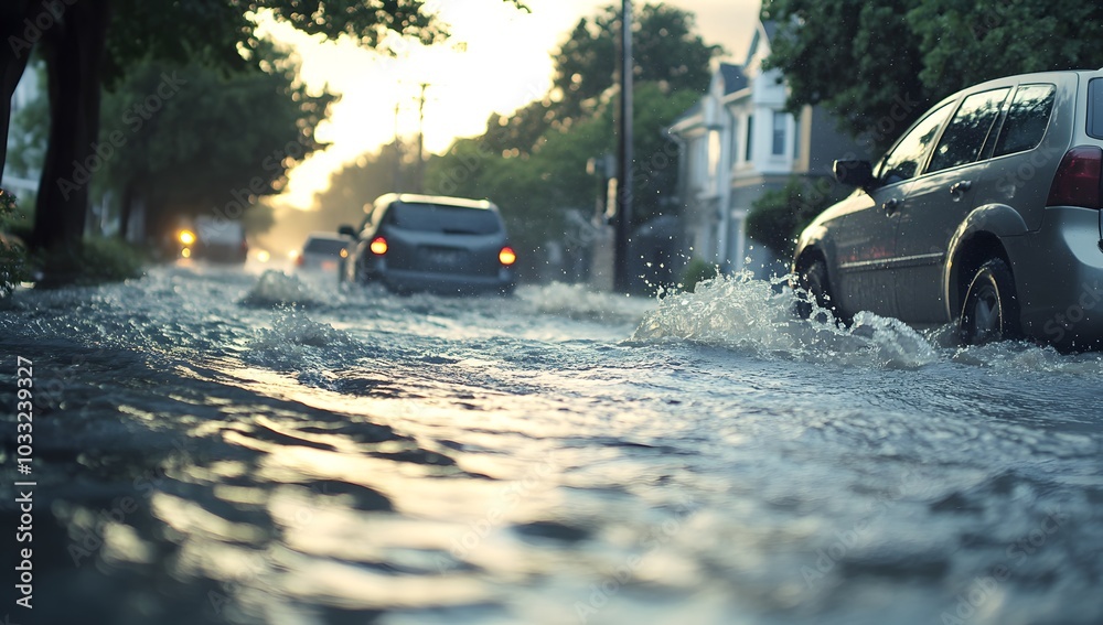 Close-up of water flowing down the street during extreme weather, with cars driving on an overflowed road in a suburban neighborhood. Close-up of water flowing down the street during extreme weather, with cars driving on an overflowed road in a suburban neighborhood.