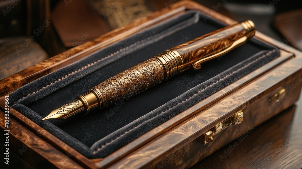Close-up of a pen placed in a luxurious and delicate box as a gift for important occasions. Executive pens are products that want to present luxury and elegance. Close-up of a pen placed in a luxurious and delicate box as a gift for important occasions. Executive pens are products that want to present luxury and elegance.