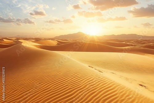 A scenic view of a vast desert landscape with rolling sand dunes under a bright sunset sky.