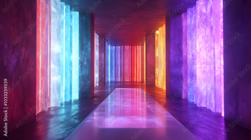 Fototapeta premium Chromotherapy chamber, color healing visualization, crystal walls, light beams
