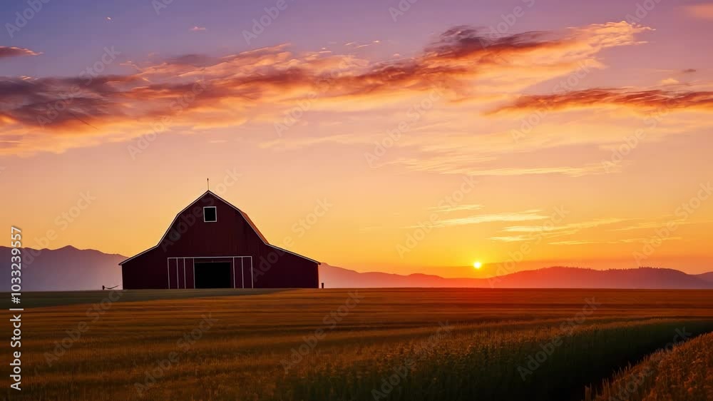 A sunset over a rustic barn, casting warm hues across the landscape A sunset over a rustic barn, casting warm hues across the landscape
