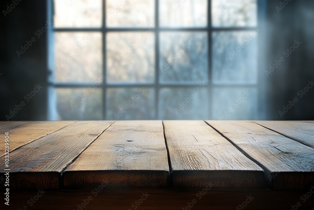 Rustic wooden table with blurry window background. Rustic wooden table with blurry window background.