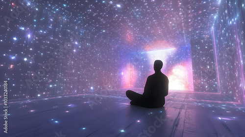 Consciousness expansion chamber, mind space visualization, void room, star light