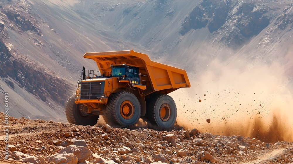 Powerful Articulated Hauler Climbing a Steep Slope Leaving a Visible Trail of Dirt and Debris as it Navigates the Rugged Terrain of a Construction or Mining Site Powerful Articulated Hauler Climbing a Steep Slope Leaving a Visible Trail of Dirt and Debris as it Navigates the Rugged Terrain of a Construction or Mining Site