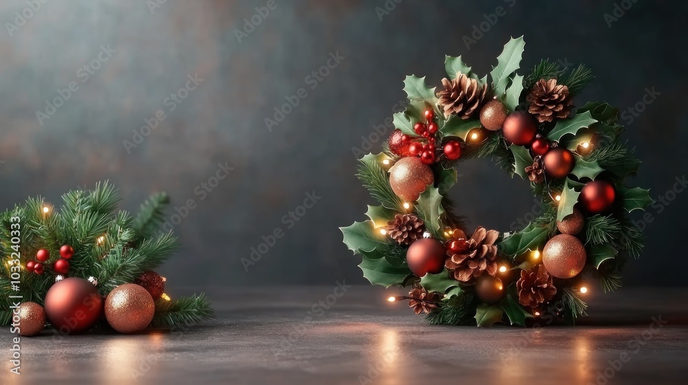 Fototapeta premium Festive Christmas Wreath with Ornaments and Lights, Creative Holiday Decor Idea for Doors, Walls, and Tables