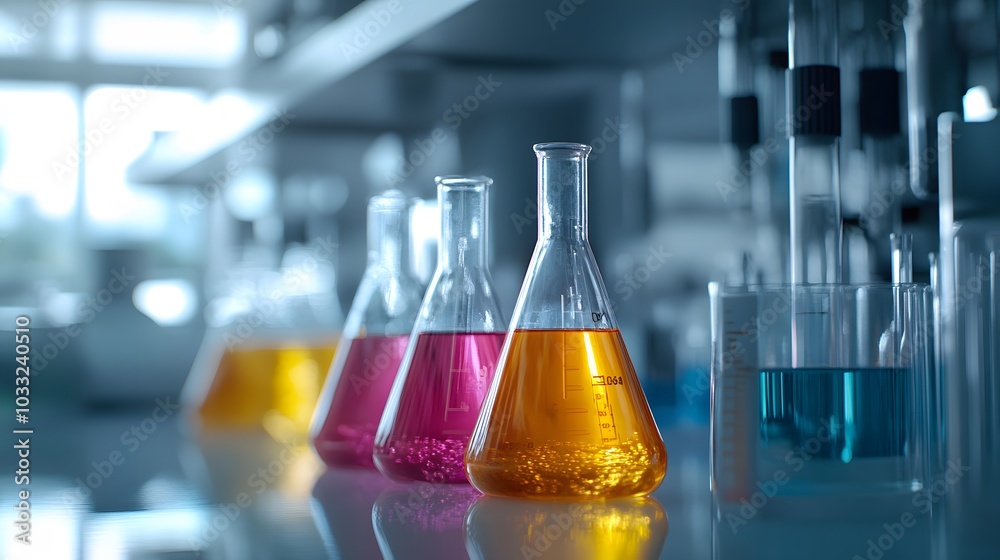 Erlenmeyer Flasks Filled with Colorful Liquids in a Laboratory Setting Erlenmeyer Flasks Filled with Colorful Liquids in a Laboratory Setting