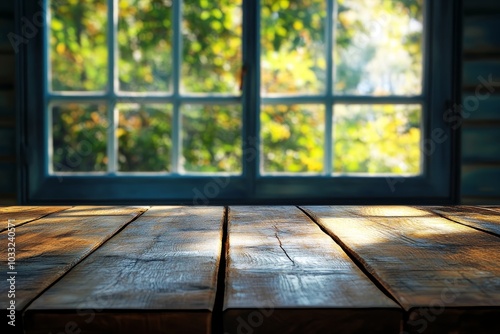 Wooden table with sunlight coming through window.