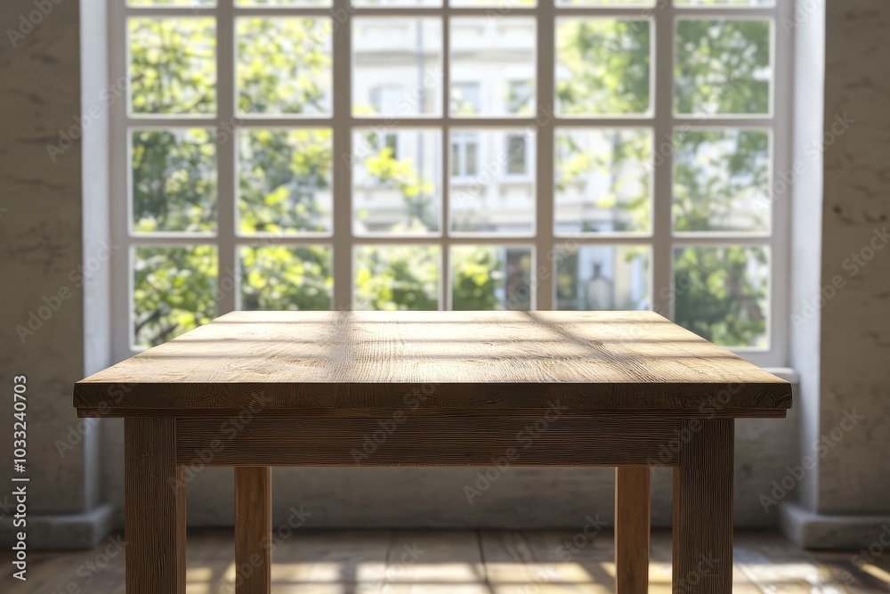 A rustic wooden table with a large window behind it. Sunlight streams through the window, casting a warm glow on the table. A rustic wooden table with a large window behind it. Sunlight streams through the window, casting a warm glow on the table.