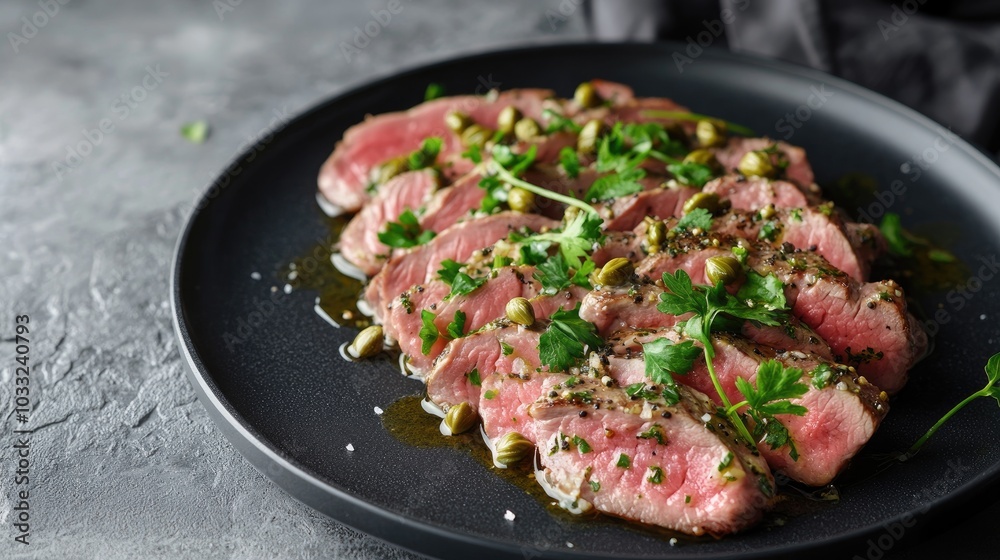 Elegant Presentation of Vitello Tonnato on a Plate Elegant Presentation of Vitello Tonnato on a Plate
