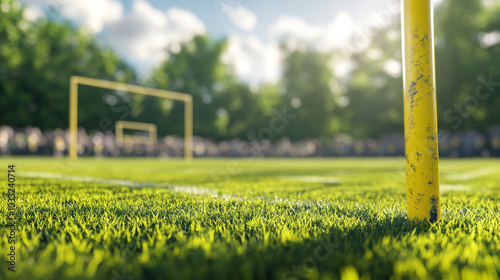 A 3D image shows a football field with yellow goalposts, green grass, and blurry fans in the background.  It's a typical scene at a football game, representing the excitement of outdoor sports. photo