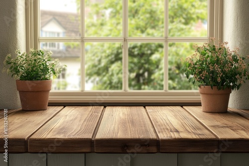 Wooden windowsill with potted plants and blurred view of a green tree and houses outside.