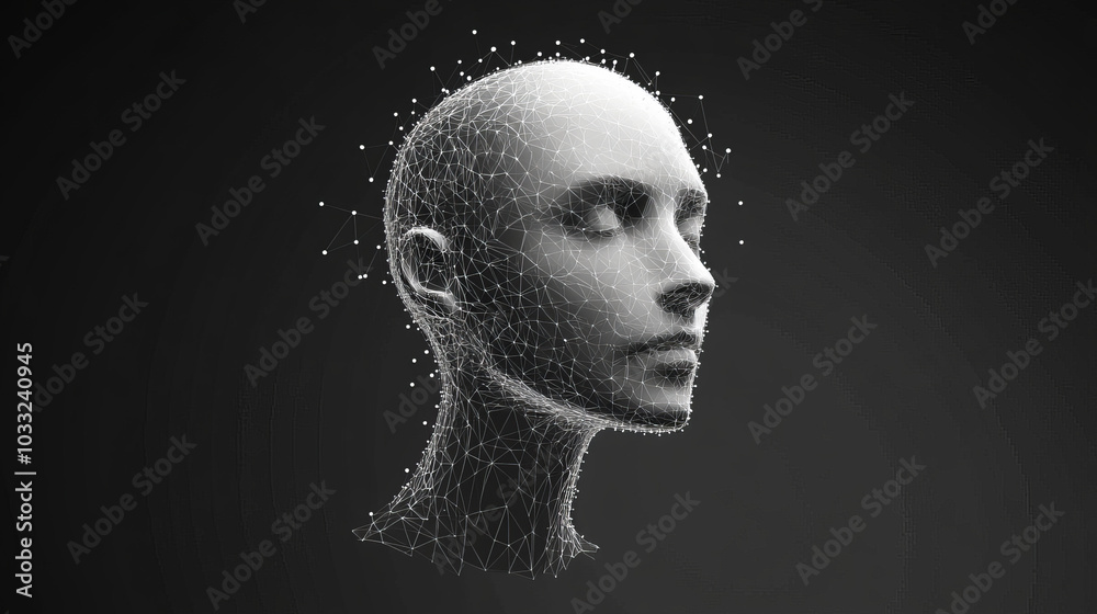Using a face scan, like a digital fingerprint, to identify someone. It's like a futuristic head with technology running inside.low poly digital wireframe. Using a face scan, like a digital fingerprint, to identify someone. It's like a futuristic head with technology running inside.low poly digital wireframe.
