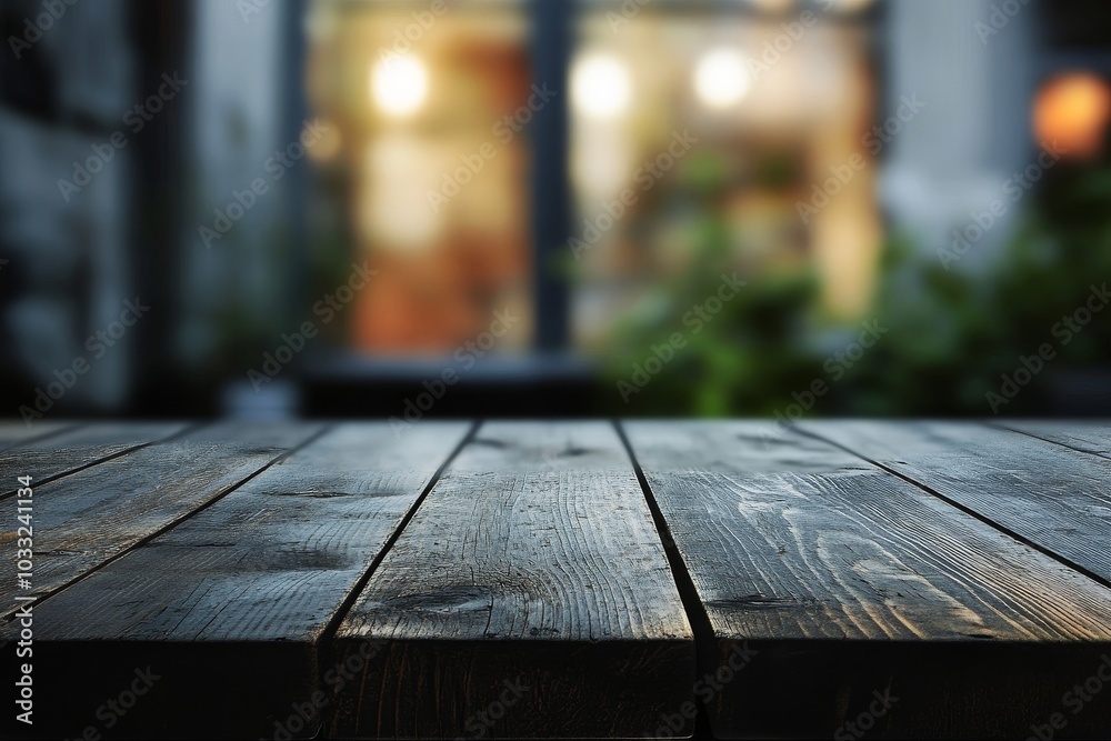 A close-up of a dark wooden table top with a blurry background of a restaurant or cafe. A close-up of a dark wooden table top with a blurry background of a restaurant or cafe.