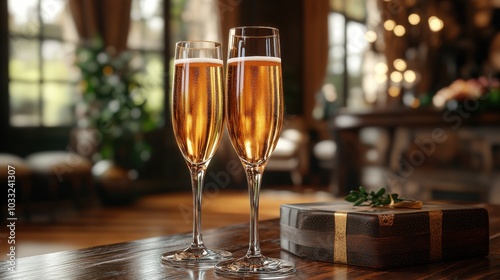 Image of a glass of white wine filled with a pale yellow color placed on a table in a cozy home dining room during the festive season or important occasions.