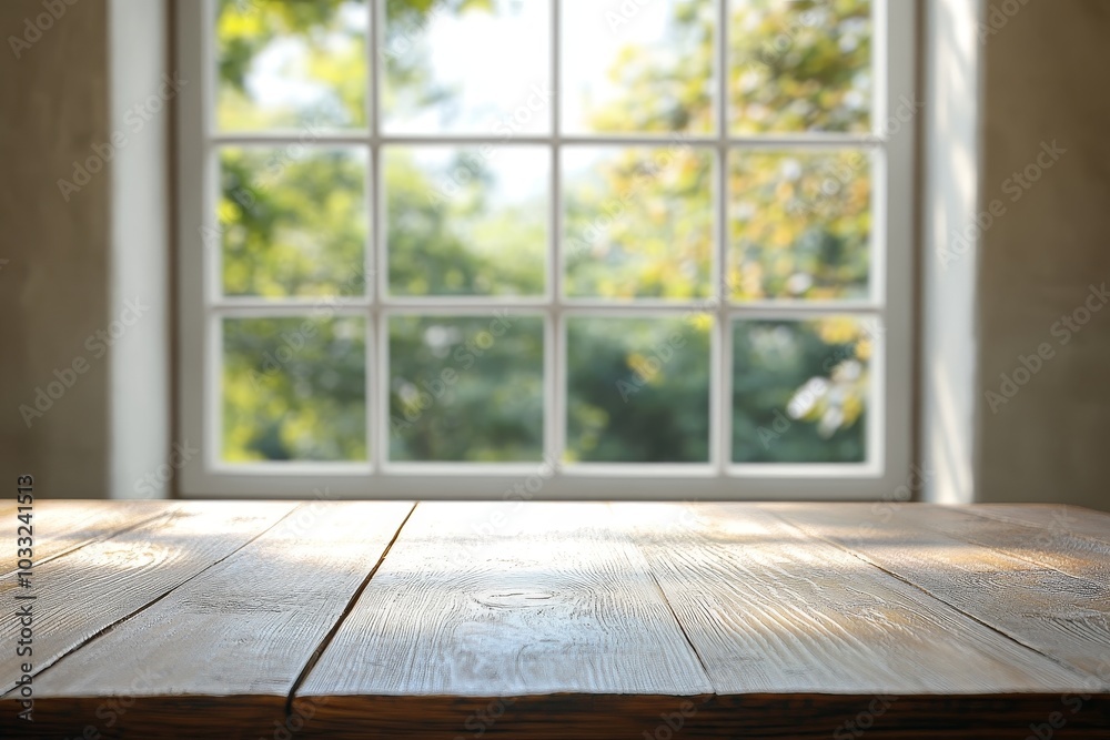 A wooden table with a window view of a blurry green garden outside. A wooden table with a window view of a blurry green garden outside.