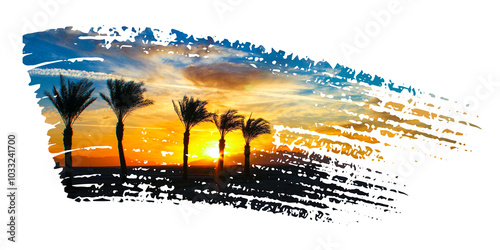 Sunset in grunge frame. Sea sunset with palm tree. Border  grunge style.