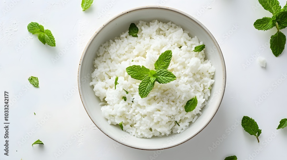 bowl full of rice with mint on white background. bowl full of rice with mint on white background.