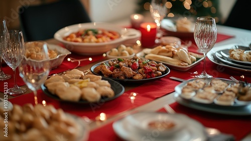 A beautifully set table with a variety of dishes, including a red sauce dish, a plate of chicken with peppers, and a dish of dumplings. There are also glasses and candles on the table.