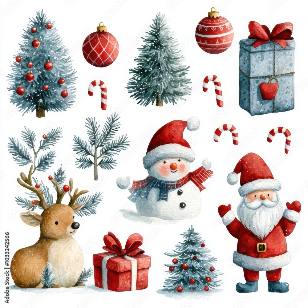 Watercolor style illustration of Santa Claus, Christmas tree, reindeer, bright colors, cute style on a white background. It is a clip art that helps in various graphic design works. Watercolor style illustration of Santa Claus, Christmas tree, reindeer, bright colors, cute style on a white background. It is a clip art that helps in various graphic design works.