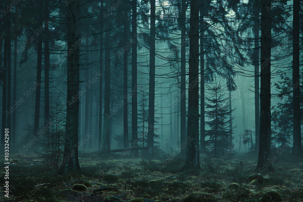 Naklejka premium Misty Enchanted Forest: A Journey Through Fog and Trees
