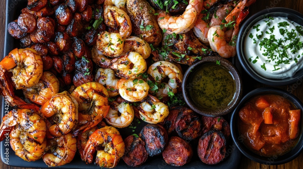 Delicious Platter of Grilled Seafood and Sauces Delicious Platter of Grilled Seafood and Sauces