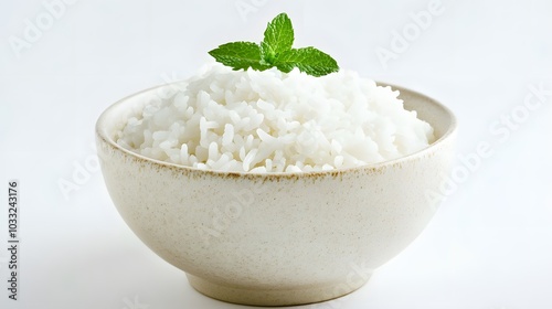 bowl full of rice with mint on white background. 