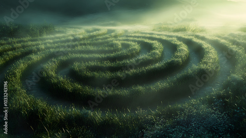 mindfulness maze, thought pattern visualization, zen patterns, dawn mist 