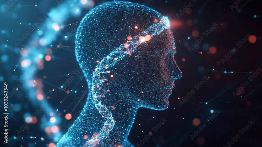 The idea of how technology is improving, shown by the DNA symbol connected to the human body.low poly digital wireframe. The idea of how technology is improving, shown by the DNA symbol connected to the human body.low poly digital wireframe.